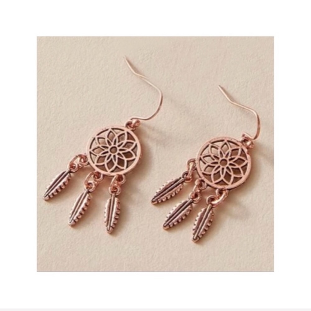Boho Chic Dream Catcher Feather Drop Dangle Rose bohemian rose gold dainty